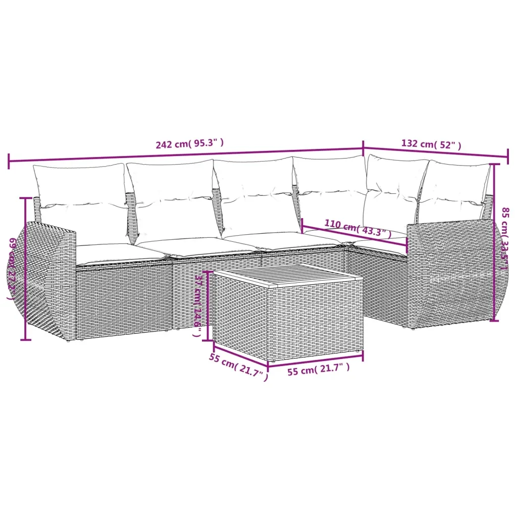 Set Divano da Giardino 6 pz con Cuscini Grigio in Polyrattan 3224996 - Image 8