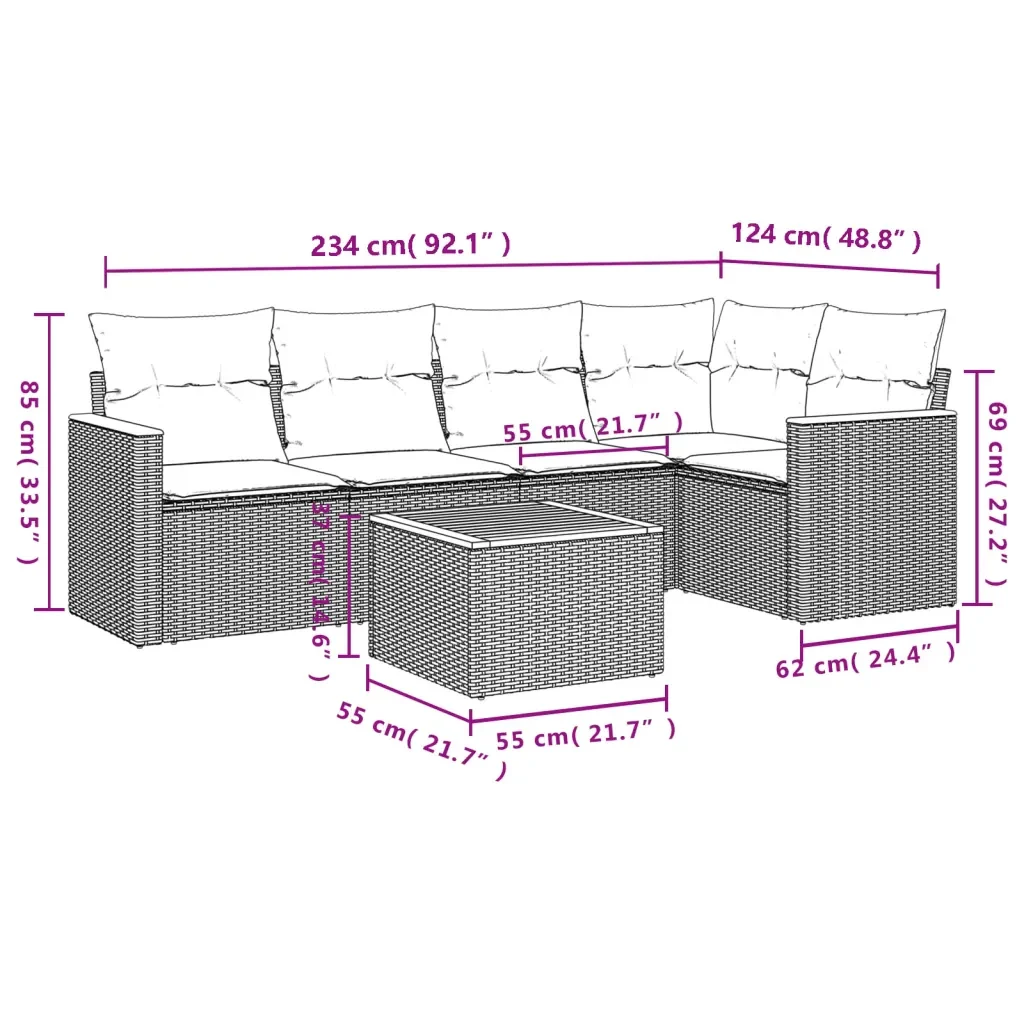 Set Divano da Giardino 6 pz con Cuscini Grigio in Polyrattan 3225955 - Image 8