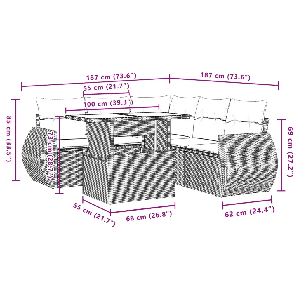 Set Divano da Giardino 6 pz con Cuscini Grigio in Polyrattan 3268530 - Image 10