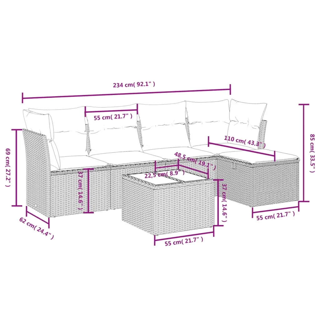 Set Divano da Giardino 6 pz con Cuscini Nero in Polyrattan 3263142 - Image 4