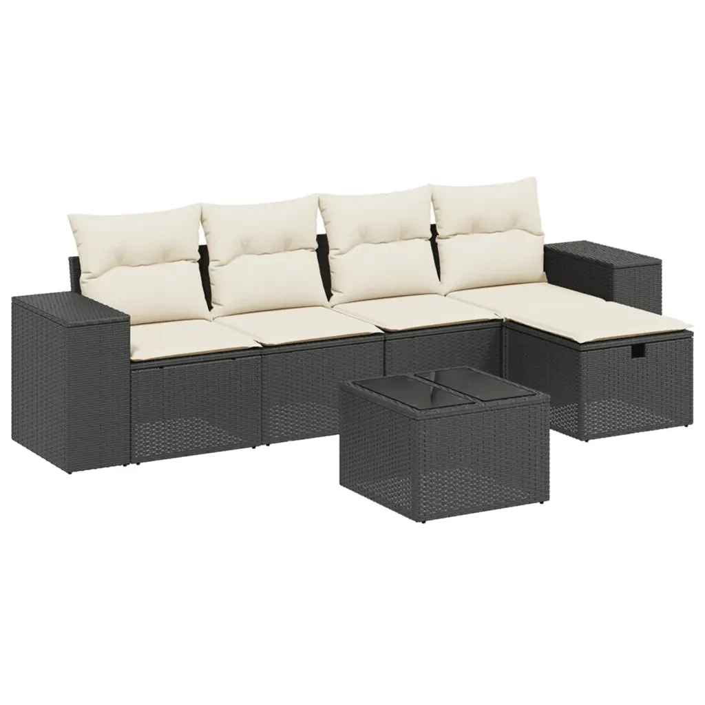 Set Divano da Giardino 6 pz con Cuscini Nero in Polyrattan 3264402 - Image 2