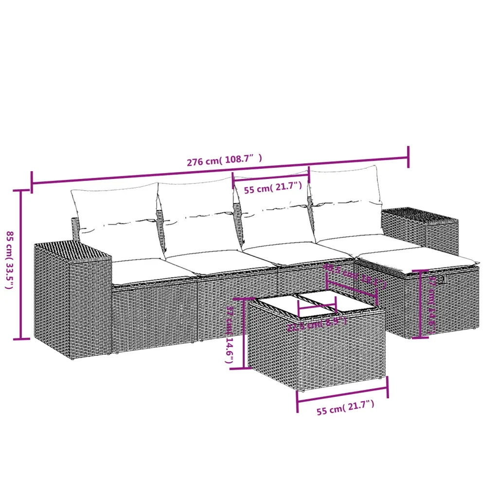 Set Divano da Giardino 6 pz con Cuscini Nero in Polyrattan 3264402 - Image 4