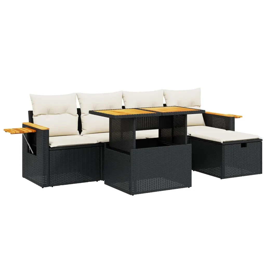 Set Divano da Giardino 6 pz con Cuscini Nero in Polyrattan 3276136 - Image 2