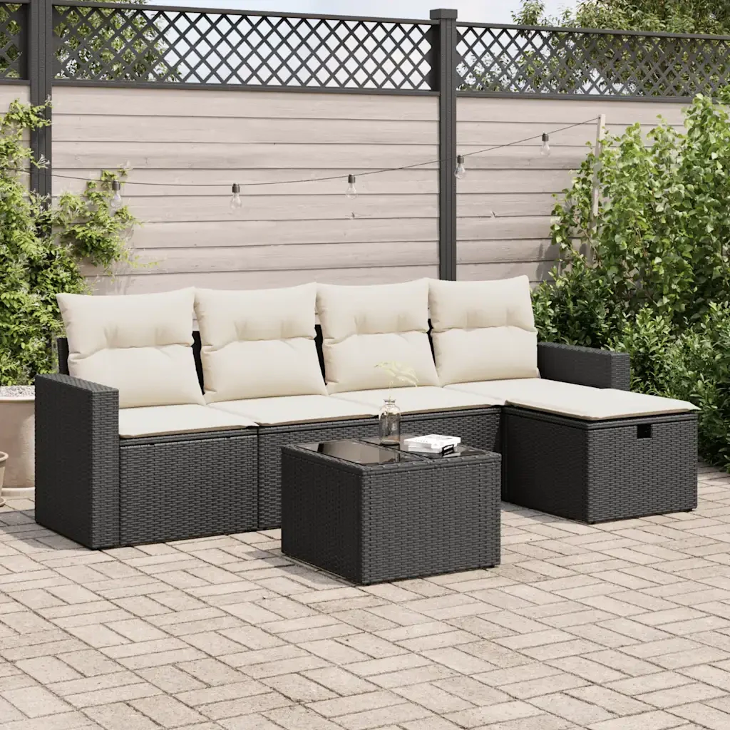 Set Divano da Giardino 6 pz con Cuscini Nero in Polyrattan 3325372