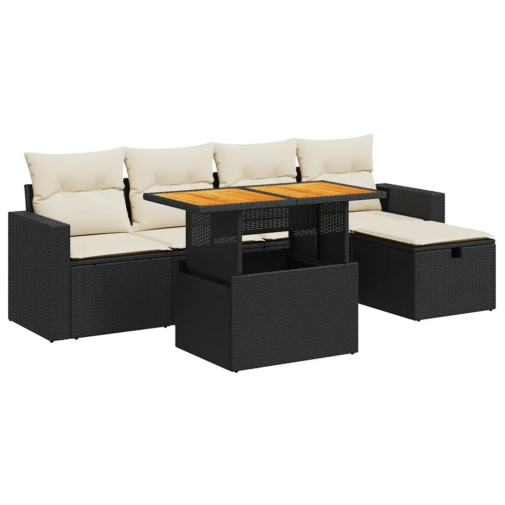Set Divano da Giardino 6 pz con Cuscini Nero Polyrattan Acacia - Image 2