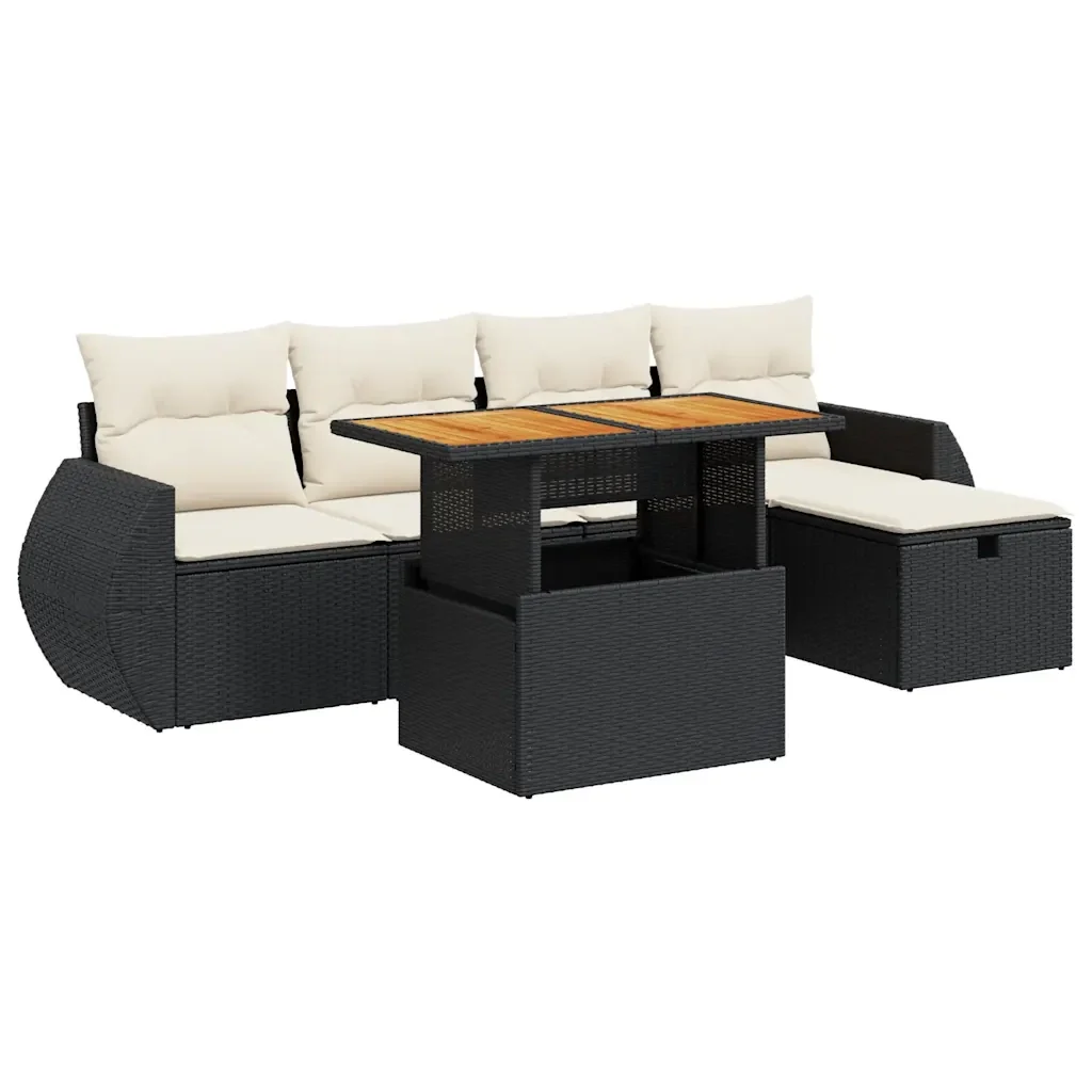 Set Divano da Giardino 6 pz con Cuscini Nero Polyrattan Acacia 3328050 - Image 2
