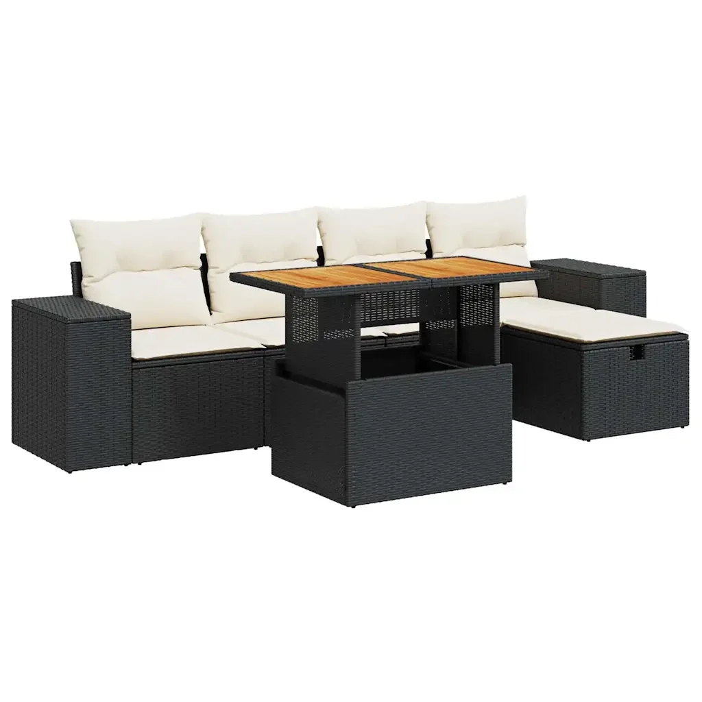 Set Divano da Giardino 6 pz con Cuscini Nero Polyrattan Acacia 3328078 - Image 2