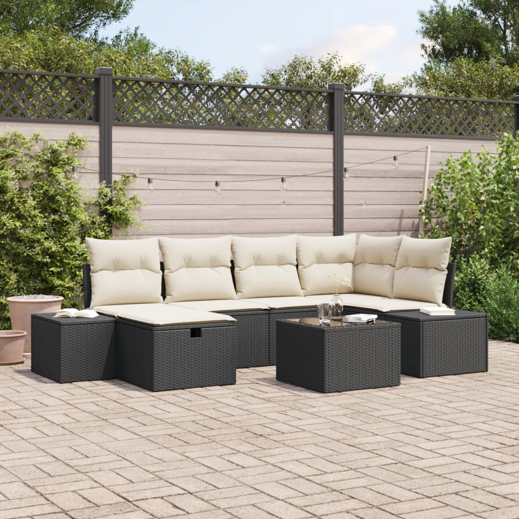 Set Divano da Giardino 7 Pezzi con Cuscini Nero Polyrattan