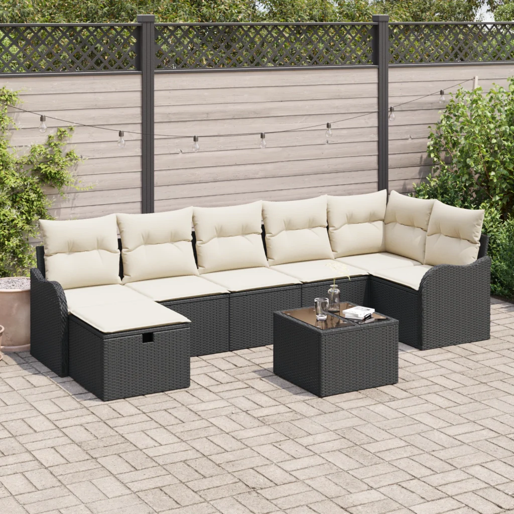 Set Divano da Giardino 8 Pezzi con Cuscini Nero Polyrattan
