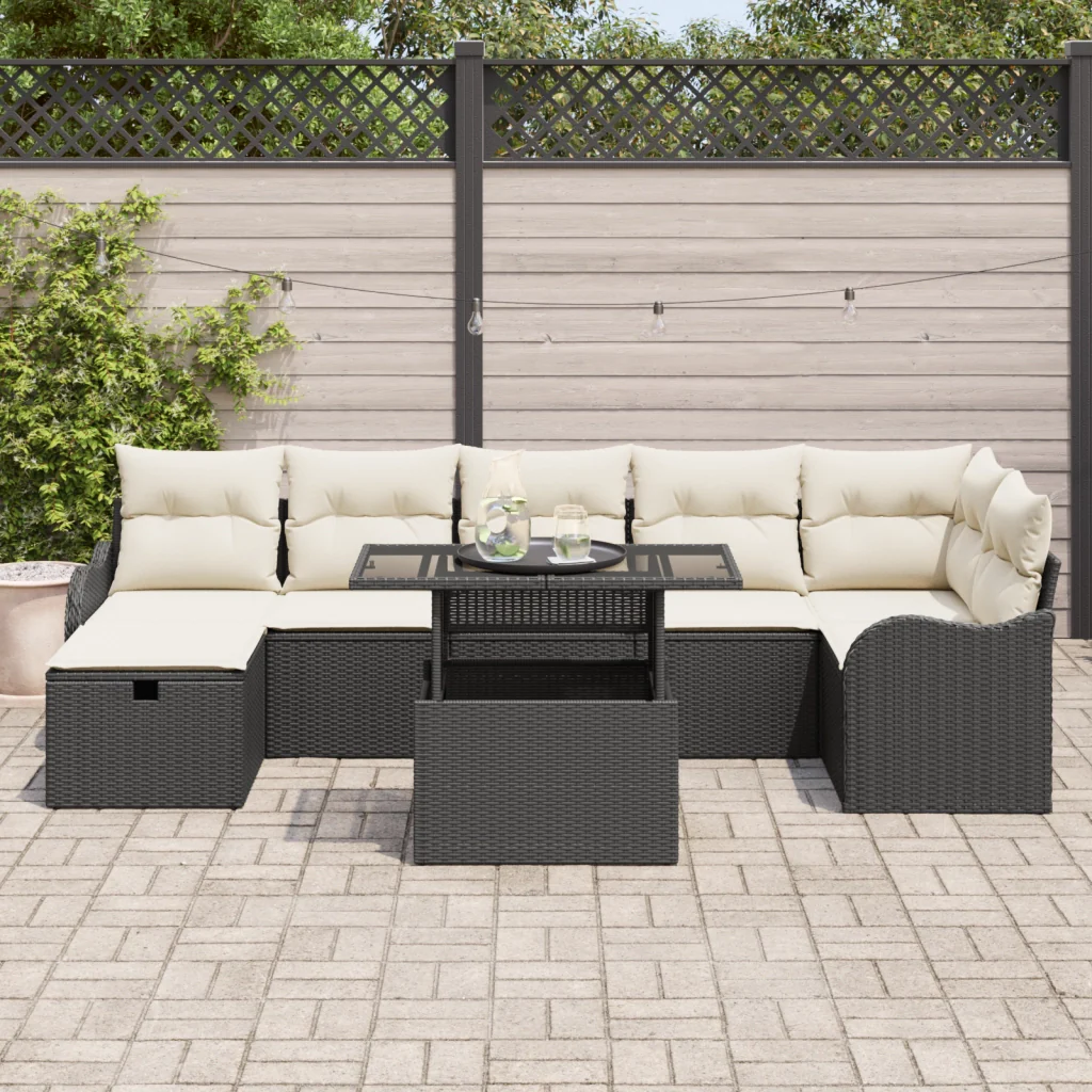 Set Divano da Giardino 8 Pezzi con Cuscini Nero Polyrattan - Image 3