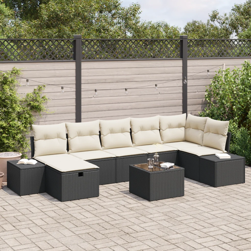 Set Divano da Giardino 8 Pezzi con Cuscini Polyrattan Nero