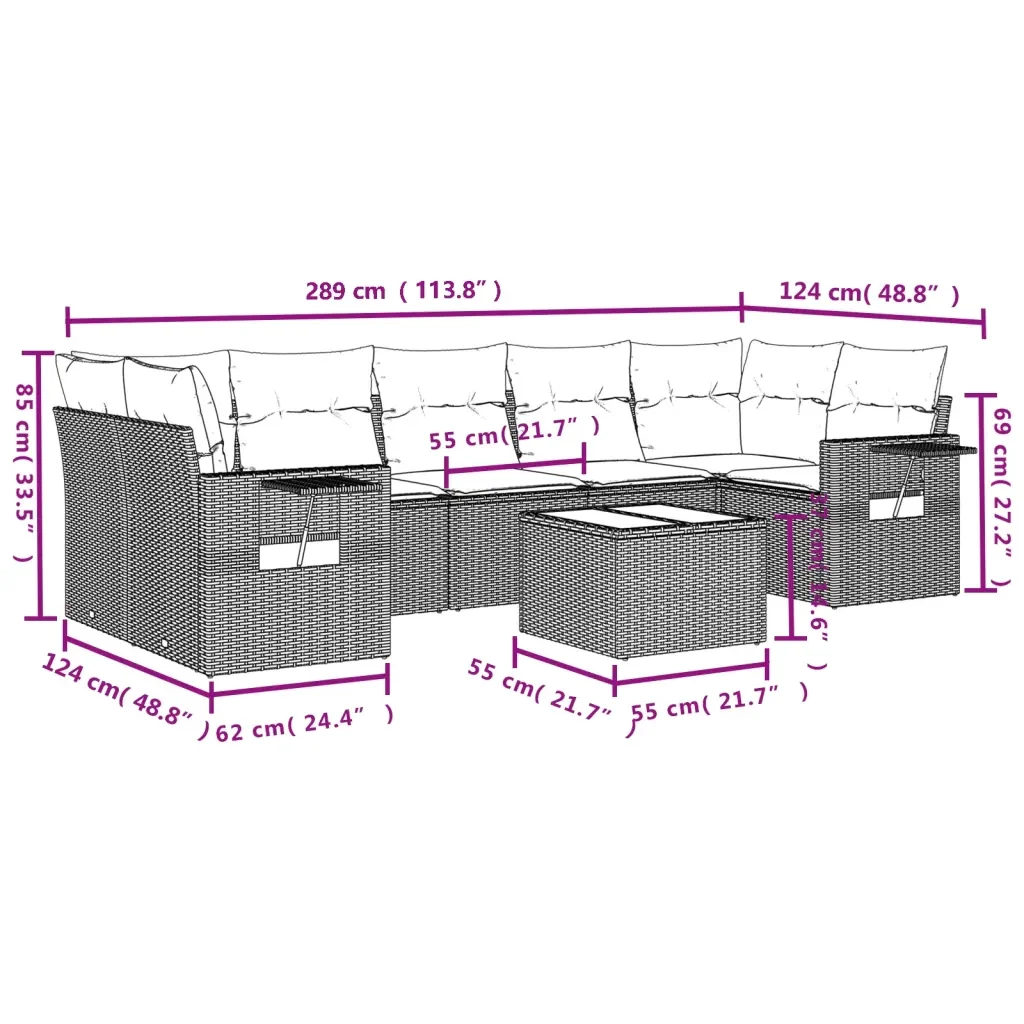 Set Divano da Giardino 8 pz con Cuscini Grigio in Polyrattan 3219939 - Image 9
