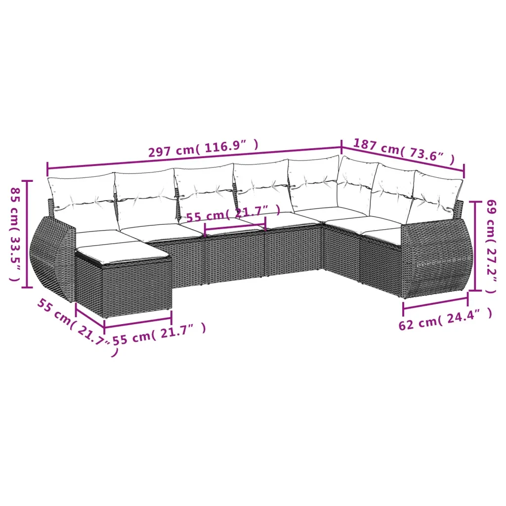 Set Divano da Giardino 8 pz con Cuscini Grigio in Polyrattan 3221759 - Image 7