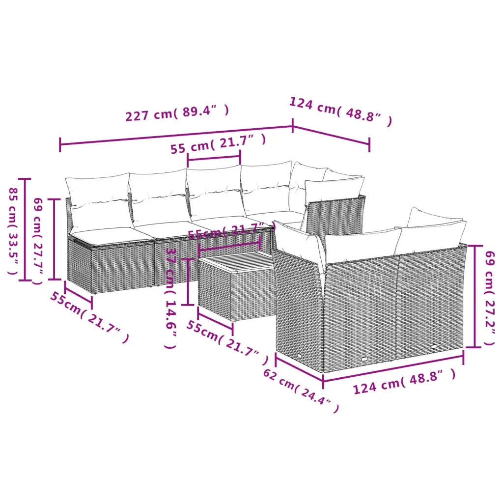 Set Divano da Giardino 8 pz con Cuscini Grigio in Polyrattan 3223519 - Image 3