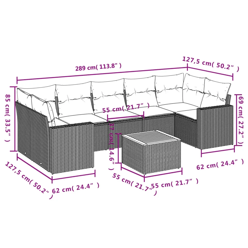 Set Divano da Giardino 8 pz con Cuscini Grigio in Polyrattan 3224037 - Image 3