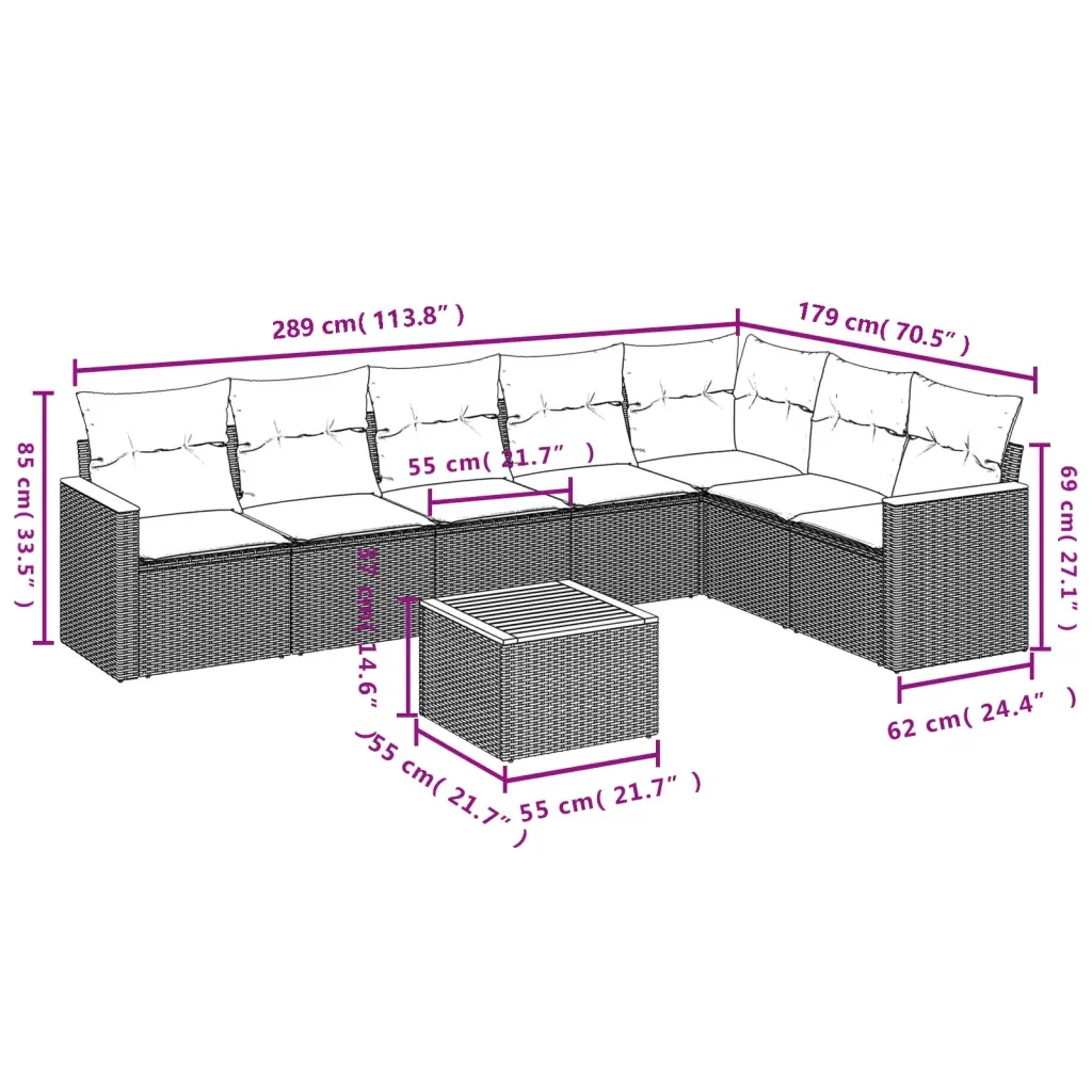 Set Divano da Giardino 8 pz con Cuscini Grigio in Polyrattan 3226039 - Image 8