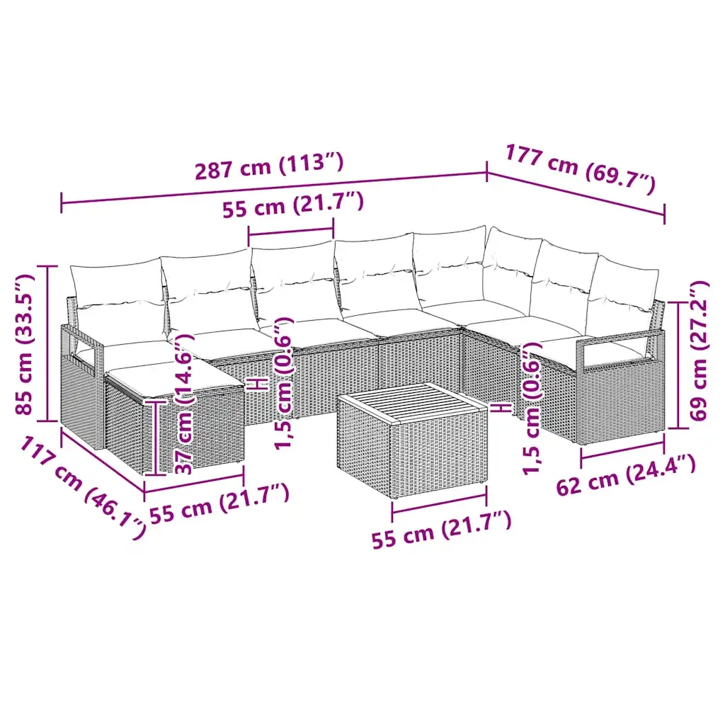 Set Divano da Giardino con cuscino 9 pcs Grigio polyrattan 3347741 - Image 10