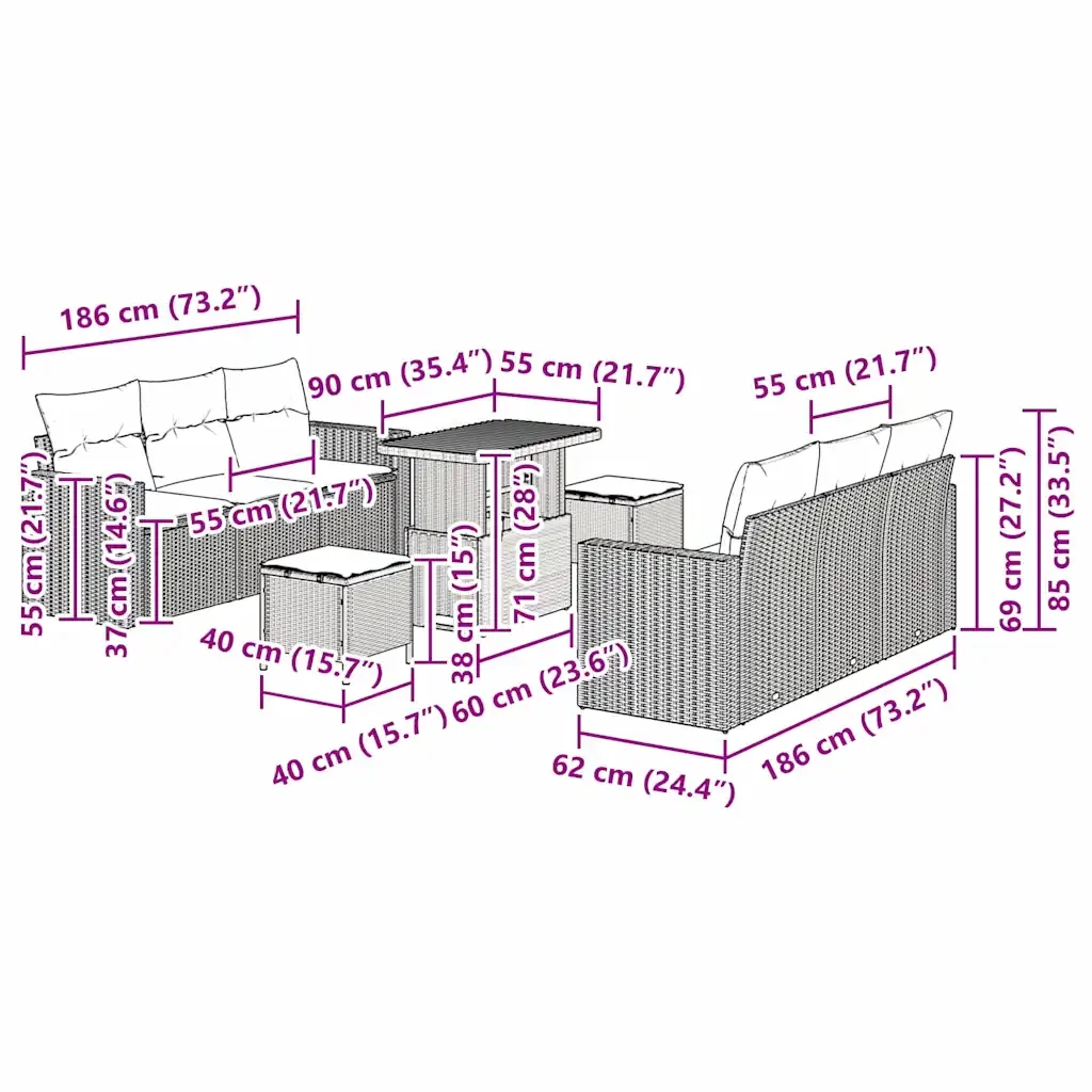 Set Divano da Giardino 9 pcs Grigio polyrattan 3361573 - Image 9