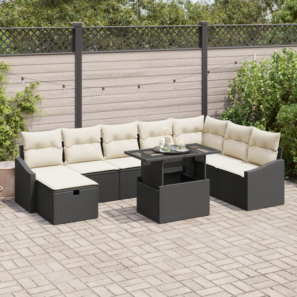 Set Divano da Giardino 9 Pezzi con Cuscini Nero Polyrattan