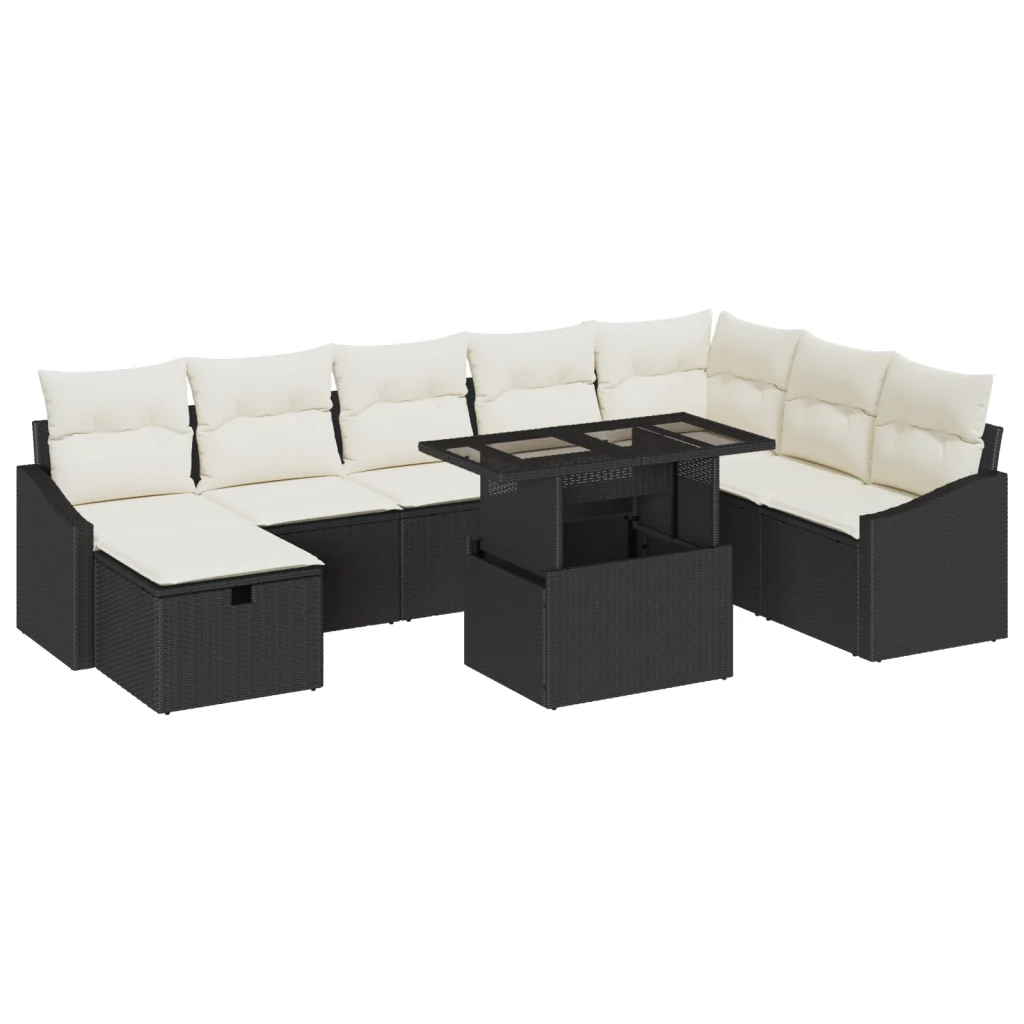 Set Divano da Giardino 9 Pezzi con Cuscini Nero Polyrattan - Image 2