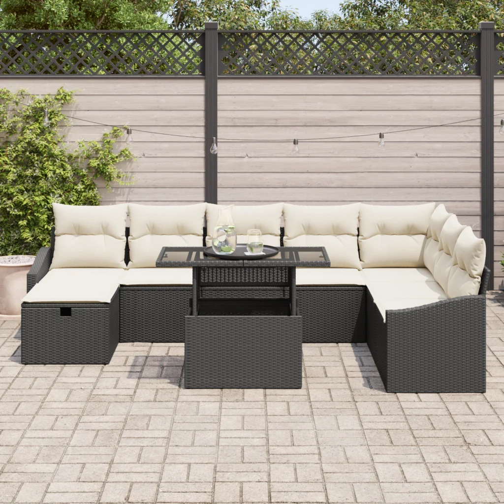Set Divano da Giardino 9 Pezzi con Cuscini Nero Polyrattan - Image 3