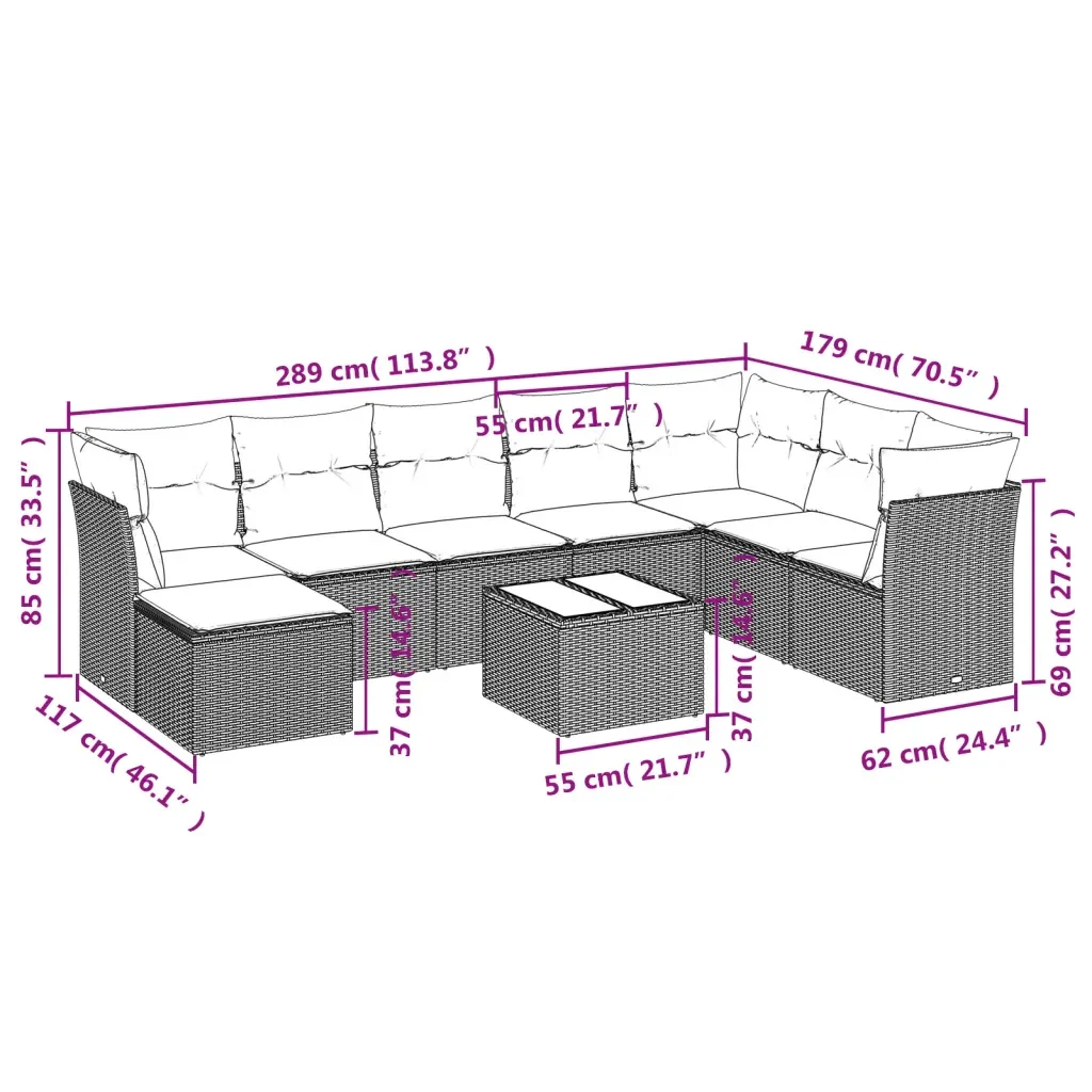 Set Divano da Giardino 9 pz con Cuscini Grigio in Polyrattan 3218060 - Image 3