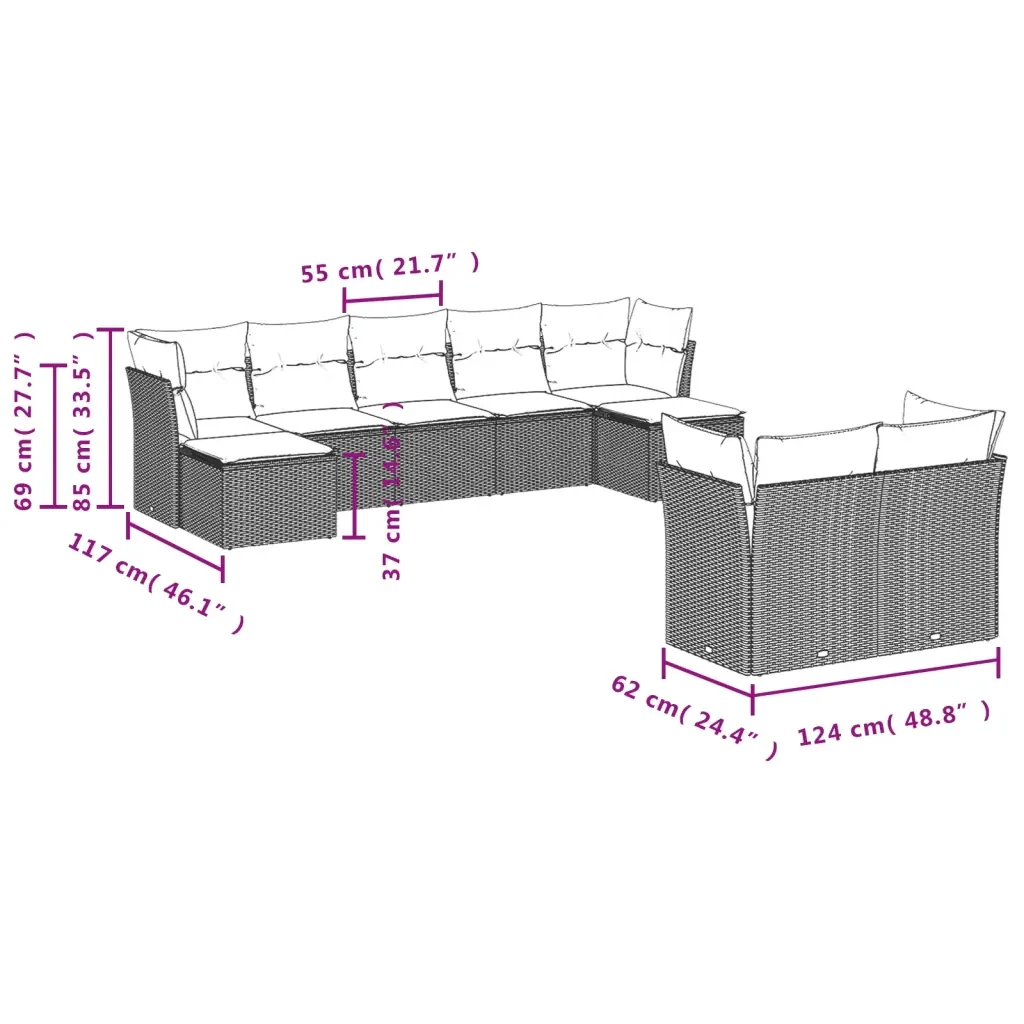 Set Divano da Giardino 9 pz con Cuscini Grigio in Polyrattan 3218310 - Image 3