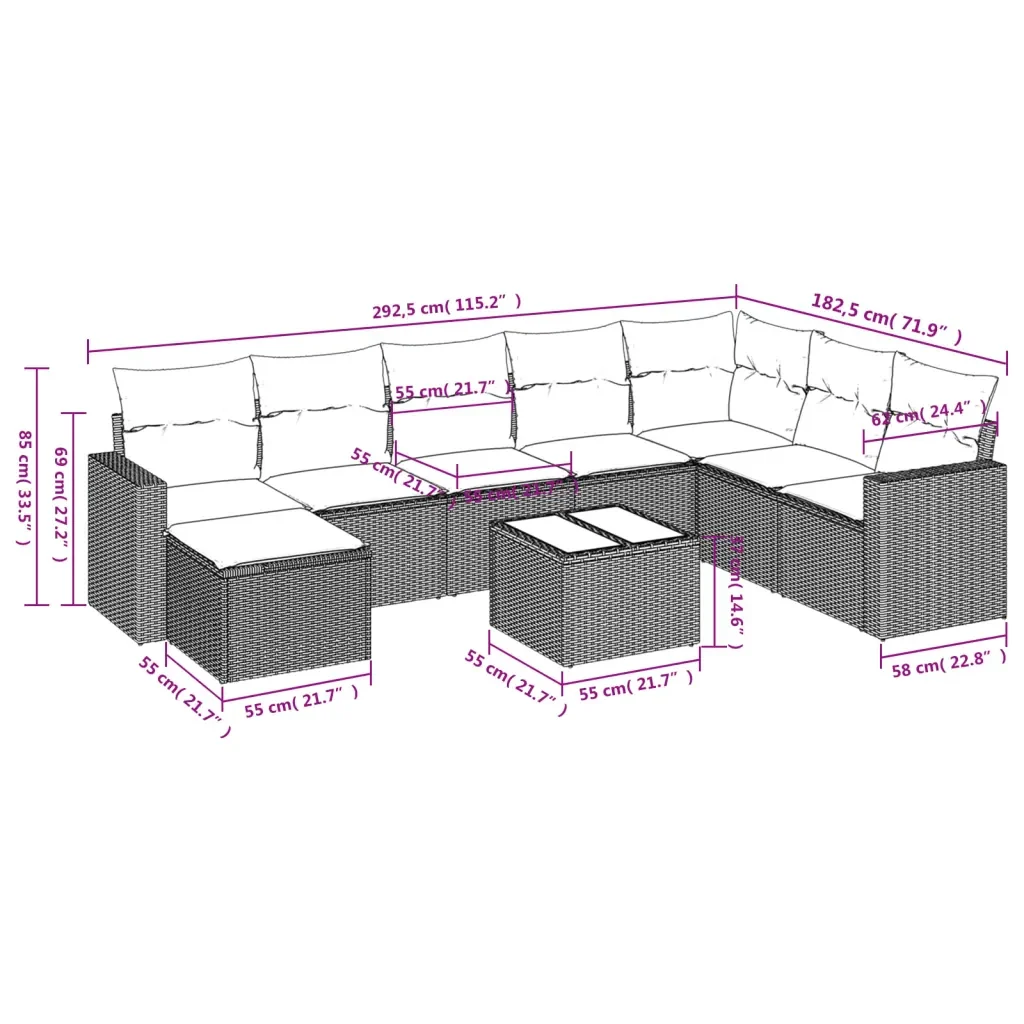 Set Divano da Giardino 9 pz con Cuscini Grigio in Polyrattan 3219360 - Image 3