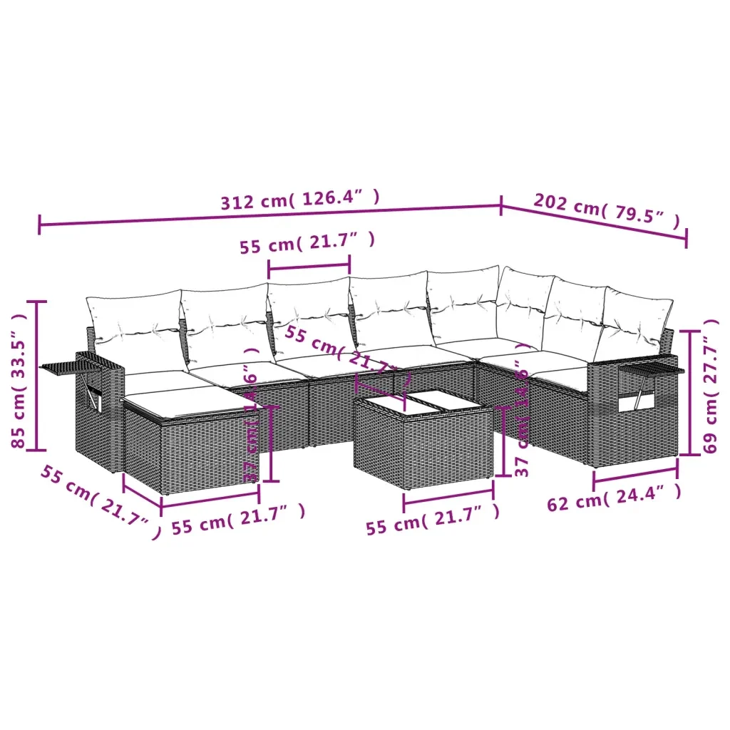Set Divano da Giardino 9 pz con Cuscini Grigio in Polyrattan 3220569 - Image 10