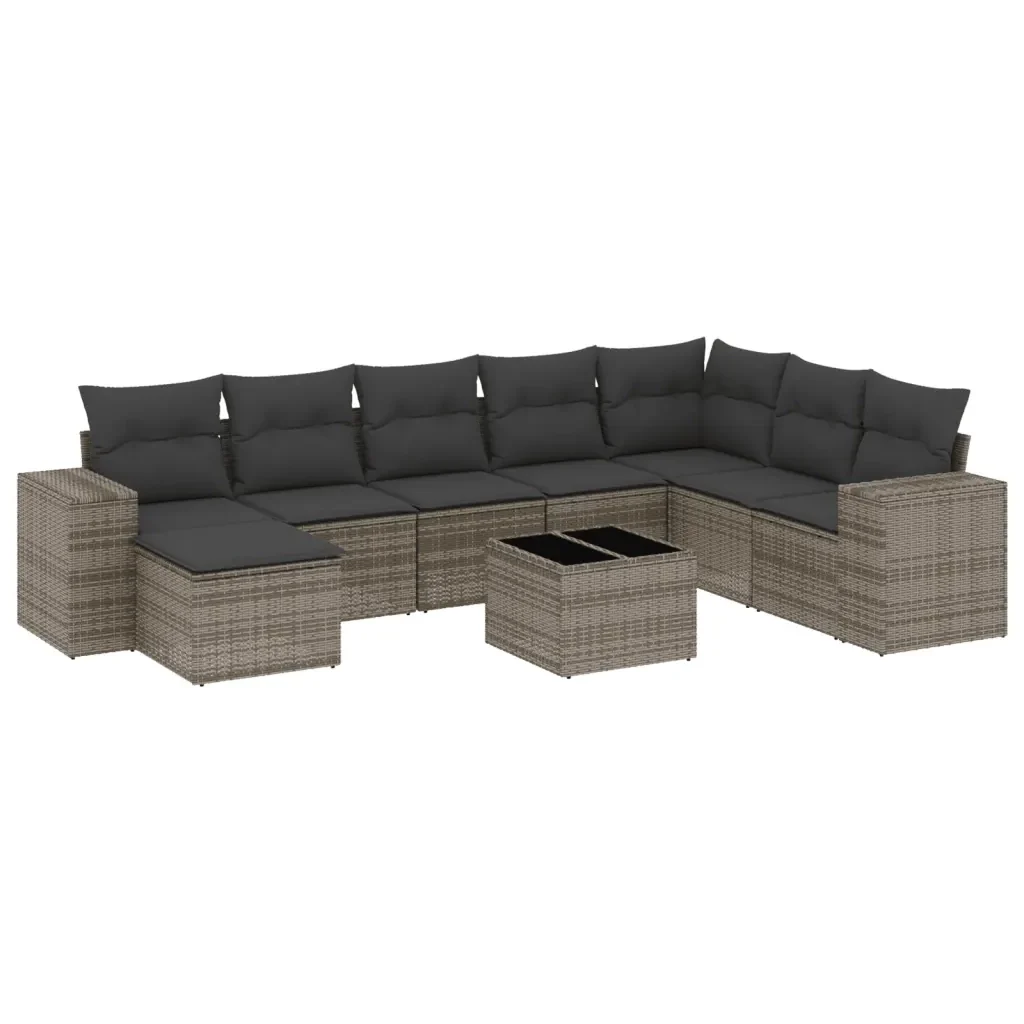 Set Divano da Giardino 9 pz con Cuscini Grigio in Polyrattan 3222969 - Image 2