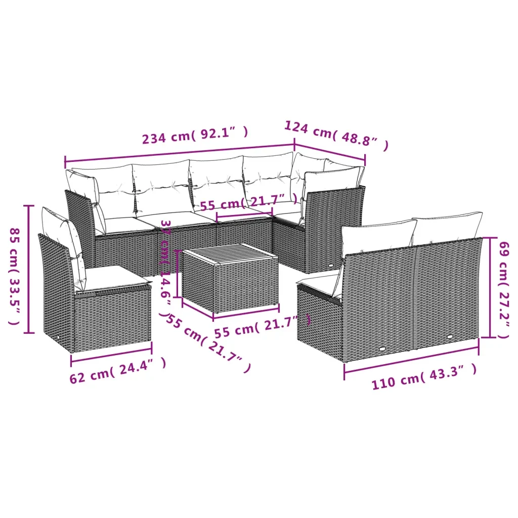 Set Divano da Giardino 9 pz con Cuscini Grigio in Polyrattan 3223687 - Image 3