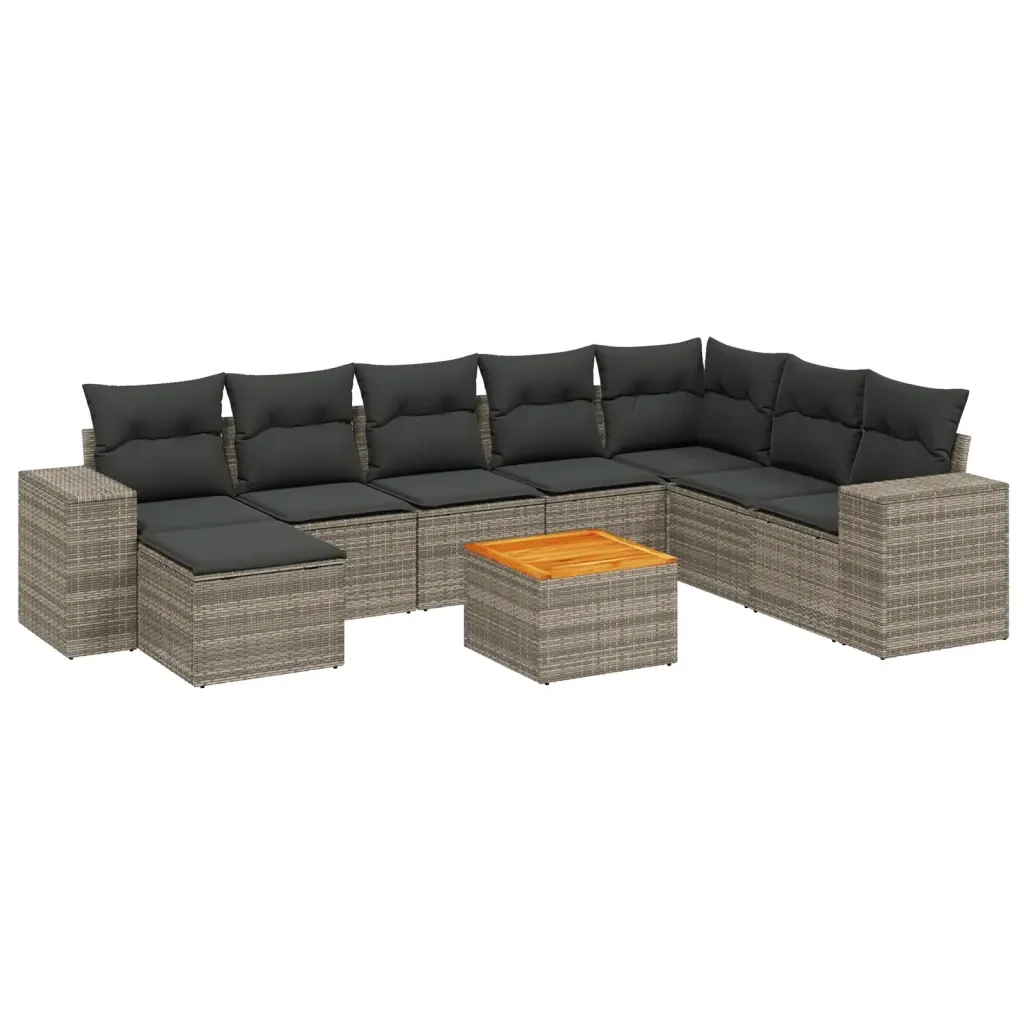 Set Divano da Giardino 9 pz con Cuscini Grigio in Polyrattan 3225584 - Image 2