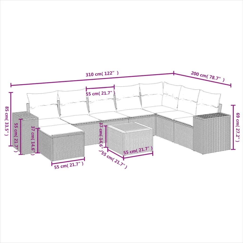 Set Divano da Giardino 9 pz con Cuscini Grigio in Polyrattan 3225584 - Image 9