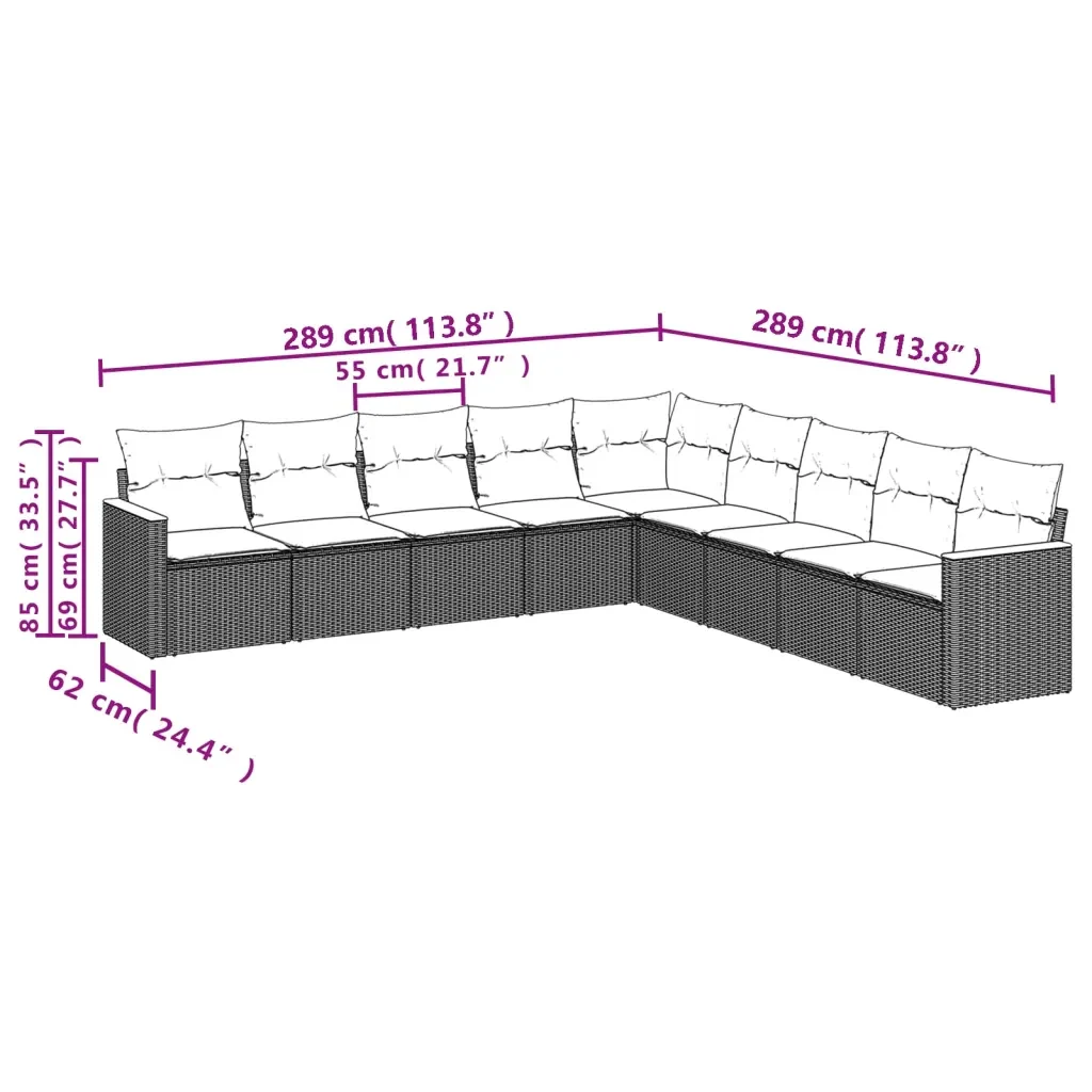Set Divano da Giardino 9 pz con Cuscini Grigio in Polyrattan 3226060 - Image 7