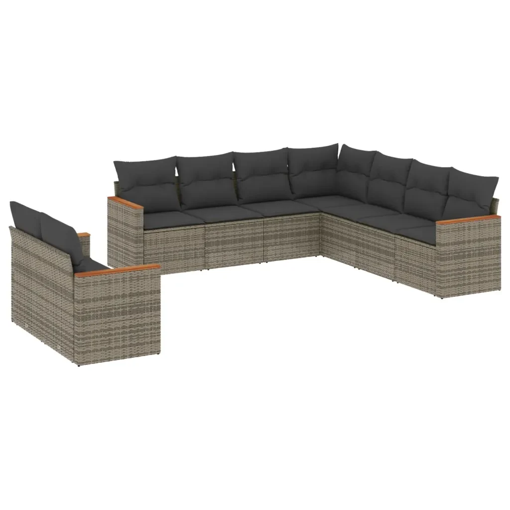 Set Divano da Giardino 9 pz con Cuscini Grigio in Polyrattan 3226102 - Image 2