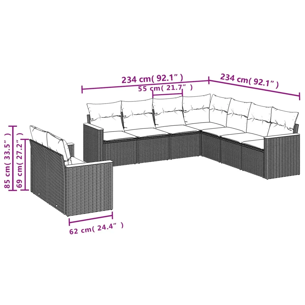 Set Divano da Giardino 9 pz con Cuscini Grigio in Polyrattan 3226102 - Image 7