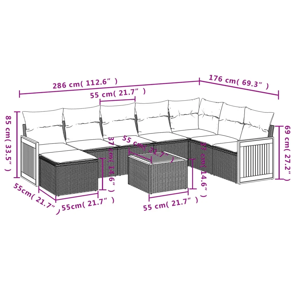 Set Divano da Giardino 9 pz con Cuscini Grigio in Polyrattan 3227936 - Image 9