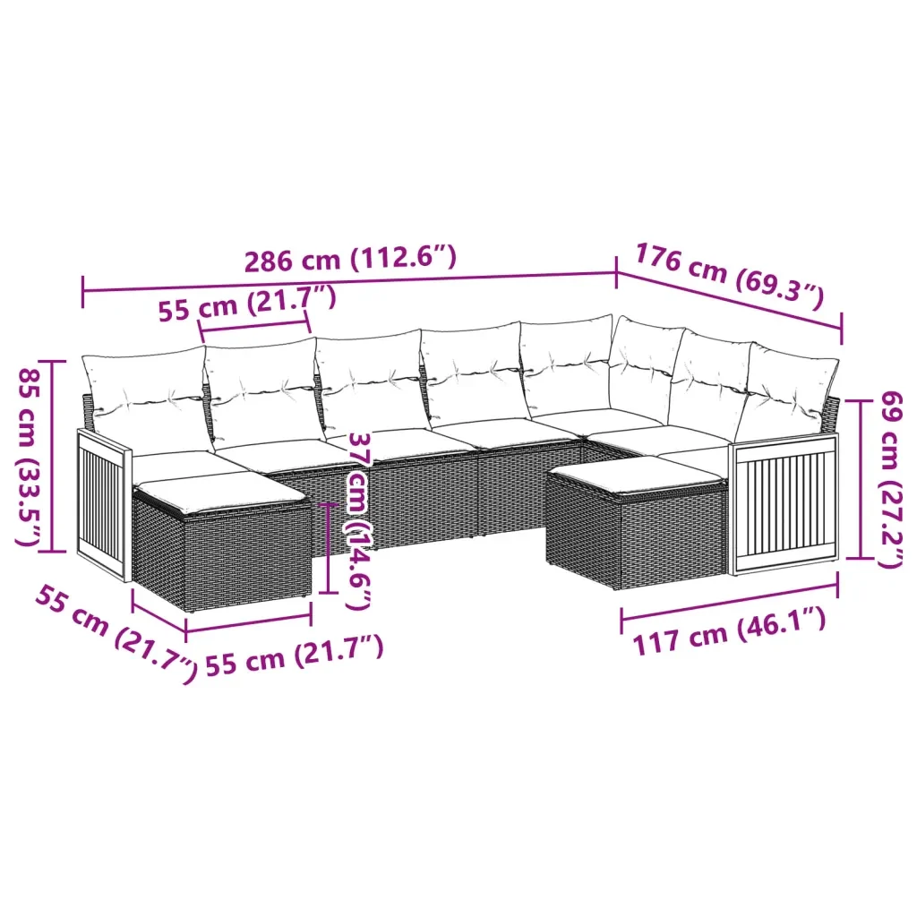 Set Divano da Giardino 9 pz con Cuscini Grigio in Polyrattan 3228223 - Image 8