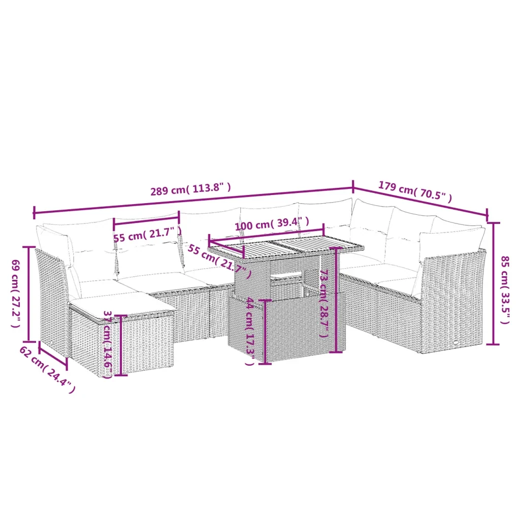 Set Divano da Giardino 9 pz con Cuscini Grigio in Polyrattan 3270976 - Image 3