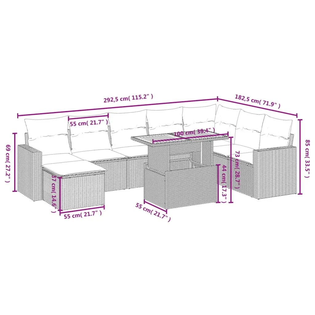 Set Divano da Giardino 9 pz con Cuscini Grigio in Polyrattan 3271452 - Image 3