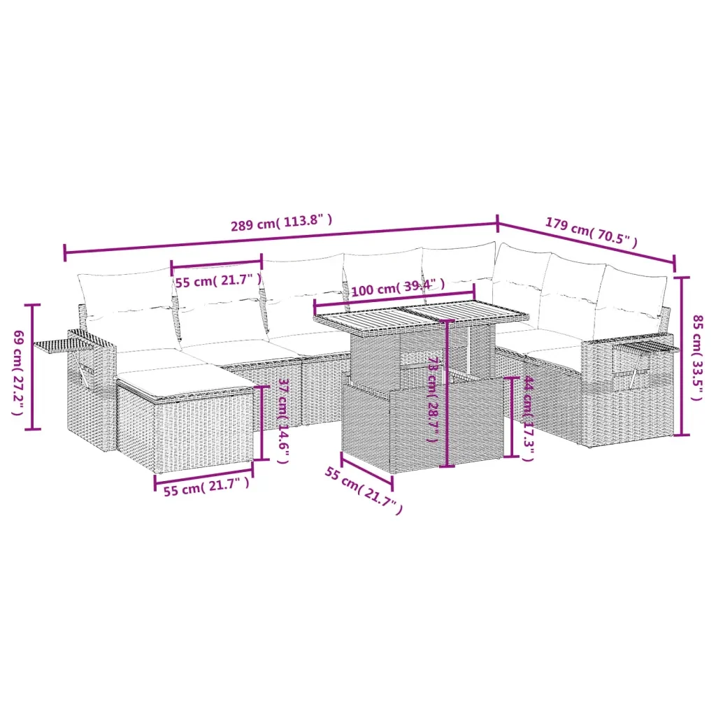 Set Divano da Giardino 9 pz con Cuscini Grigio in Polyrattan 3271893 - Image 3