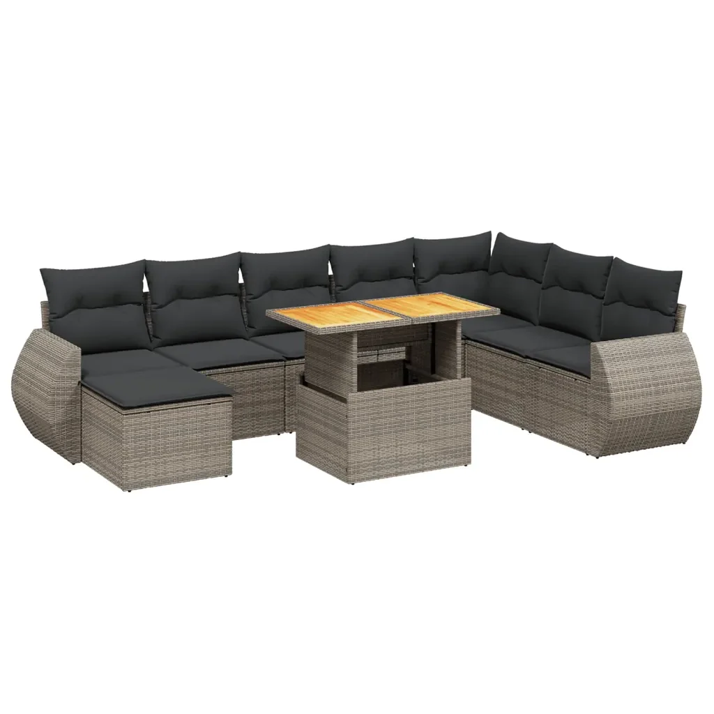 Set Divano da Giardino 9 pz con Cuscini Grigio in Polyrattan 3272334 - Image 2