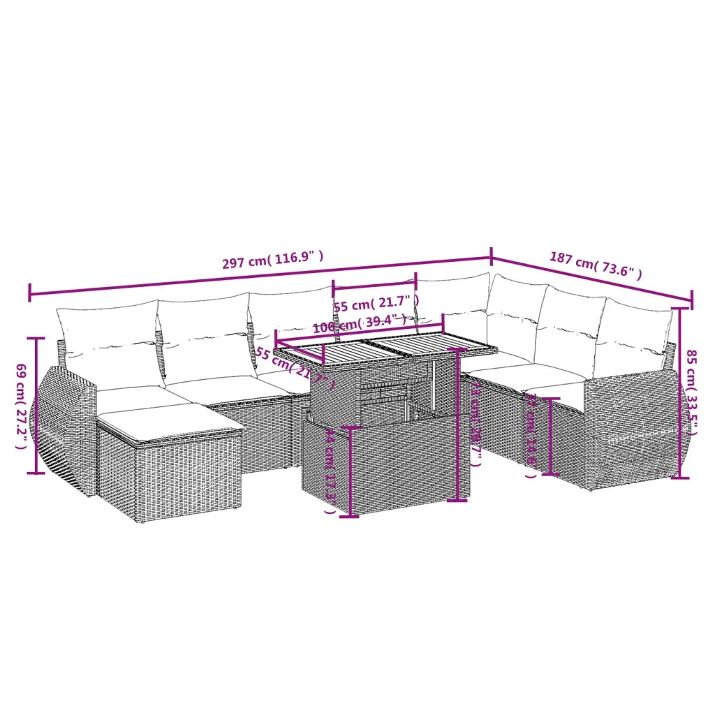 Set Divano da Giardino 9 pz con Cuscini Grigio in Polyrattan 3272334 - Image 3