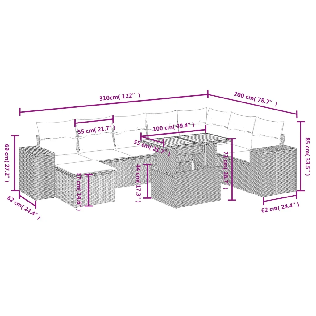 Set Divano da Giardino 9 pz con Cuscini Grigio in Polyrattan 3272775 - Image 3