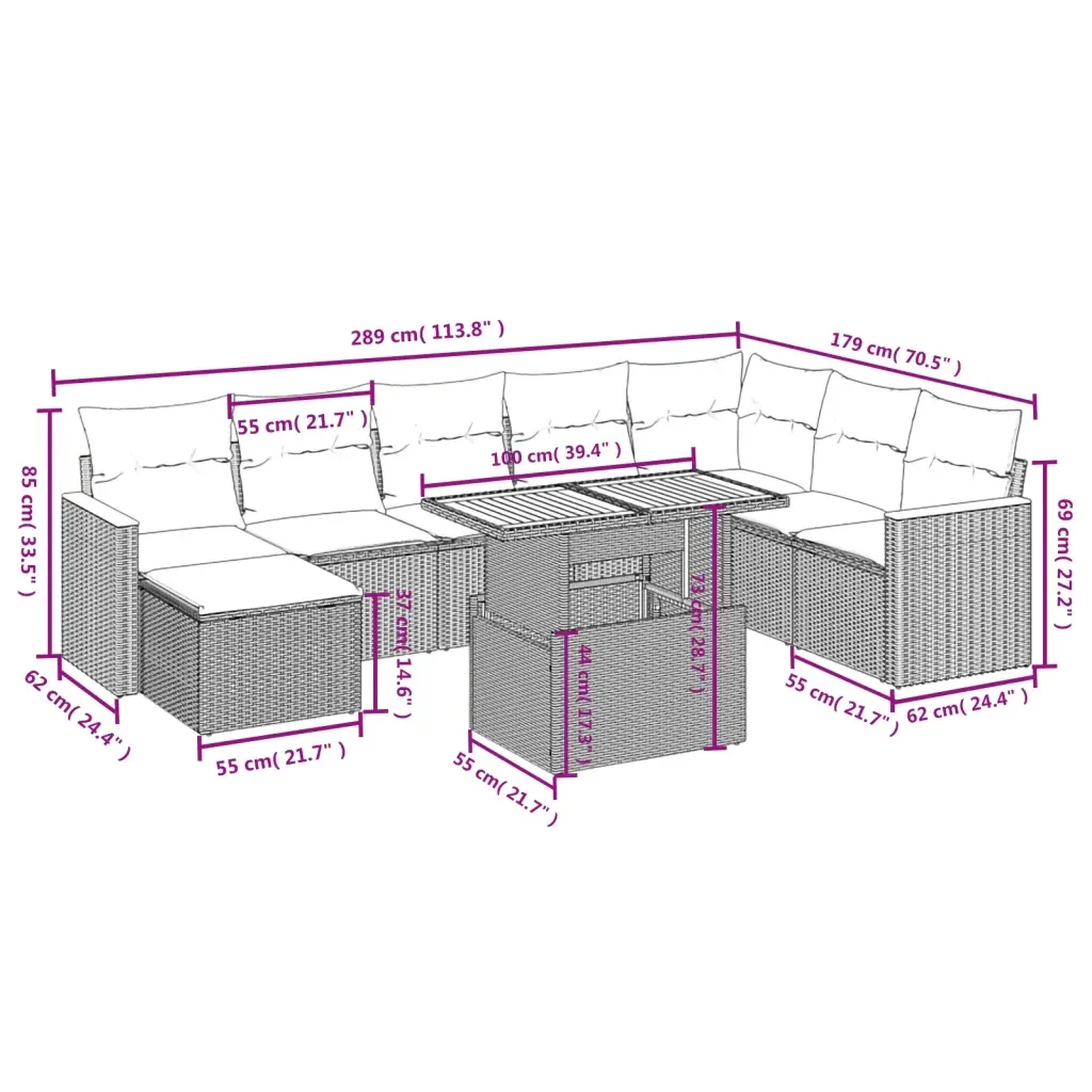 Set Divano da Giardino 9 pz con Cuscini Grigio in Polyrattan 3273216 - Image 3