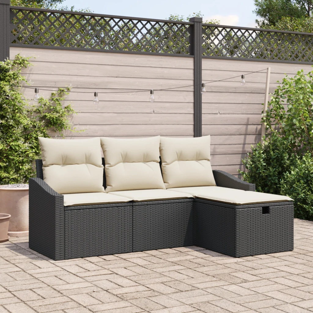 Set Divano da Giardino a 4 Pezzi con Cuscini Nero Polyrattan