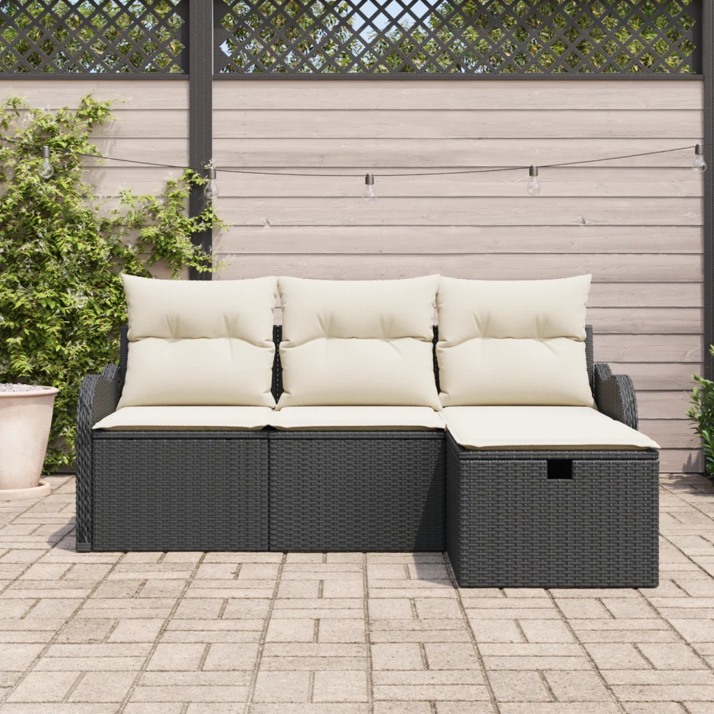 Set Divano da Giardino a 4 Pezzi con Cuscini Polyrattan Nero - Image 3