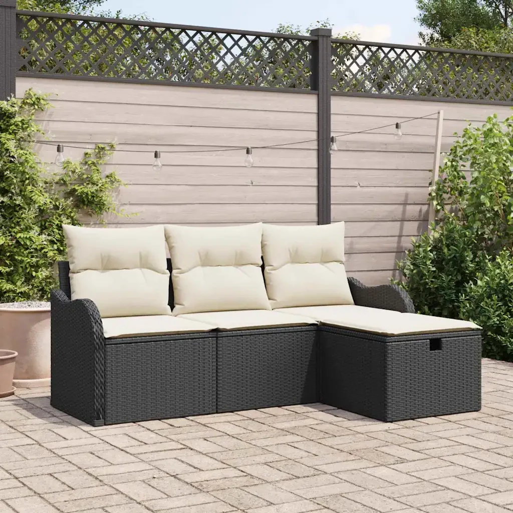 Set Divano da Giardino 4 pcs Nero e Crema polyrattan 3358946