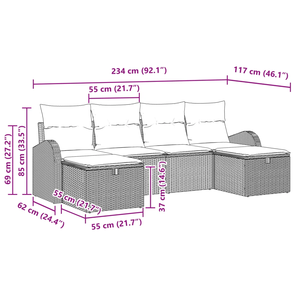 Set divano da giardino a 6 pezzi con cuscini in polyrattan nero - Image 9