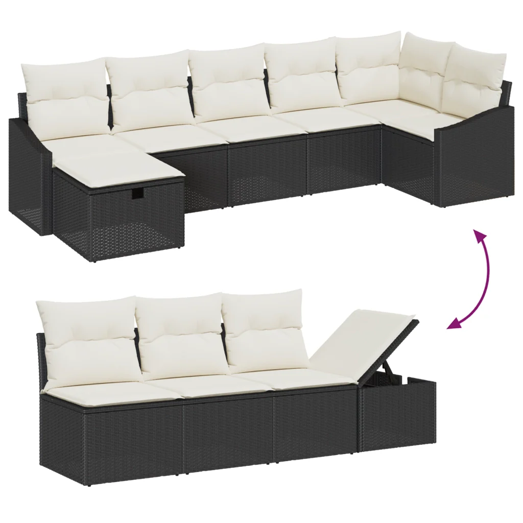 Set Divano da Giardino a 7 Pezzi con Cuscini Nero Polyrattan - Image 8